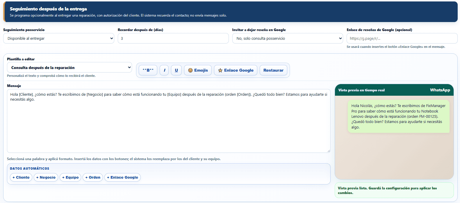 Editor real de seguimiento posservicio con plazo configurable, plantilla de WhatsApp y vista previa